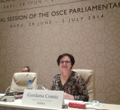 1 July 2014 National Assembly Deputy Speaker Gordana Comic elected OSCE PA rapporteur for the second time